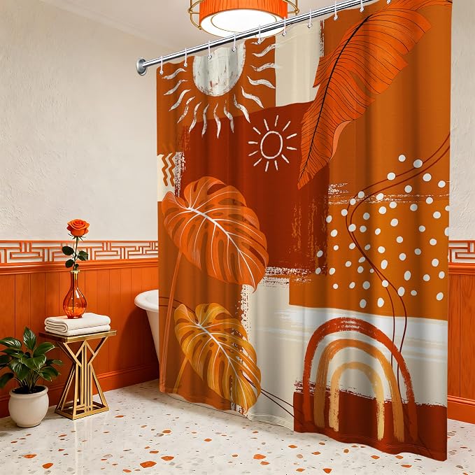 Burnt Orange Mid Century Modern Shower Curtain Boho Abstract Leaf Shower Curtains for Bathroom Decor Sets, Waterproof Cloth Fabric with Hooks, 60x72 Inch