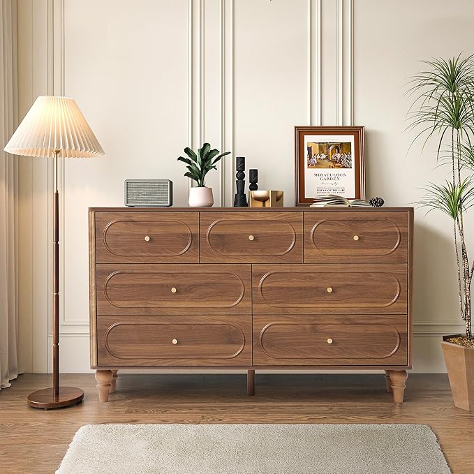 ORRD Fluted 7 Drawer Dresser for Bedroom, Mid Century Modern Chest of Drawers, Wood Storage Large Dresser Organizer for Bedroom Living Room Hallway Closet, Walnut