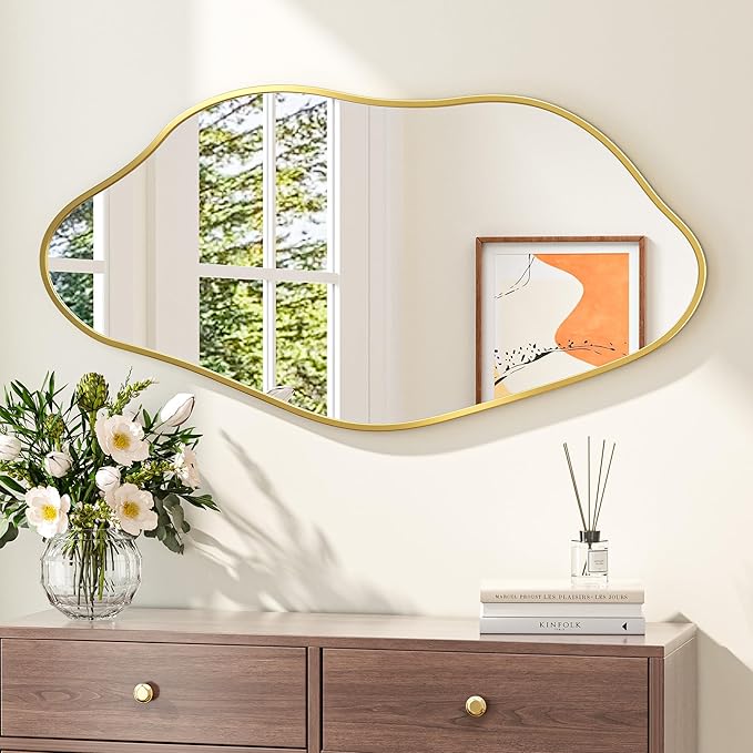 Keonjinn Gold Irregular Mirrors for Wall 48" x 24" Inch, Asymmetrical Metal Frame, Tempered Glass Decorative Mirror for Bathroom, Bedroom, Living Room, Entryway(Horizontal/Vertical)