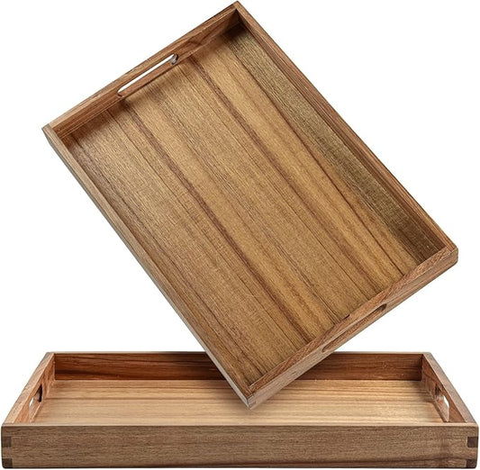 KITEISCAT 17-Inch Acacia Wood Serving Trays with Handles, Set of 2 – Decorative Wooden Trays for Coffee Table, Ottoman, Living Room, Breakfast & Appetizers – Sturdy & Elegant Serving Platters