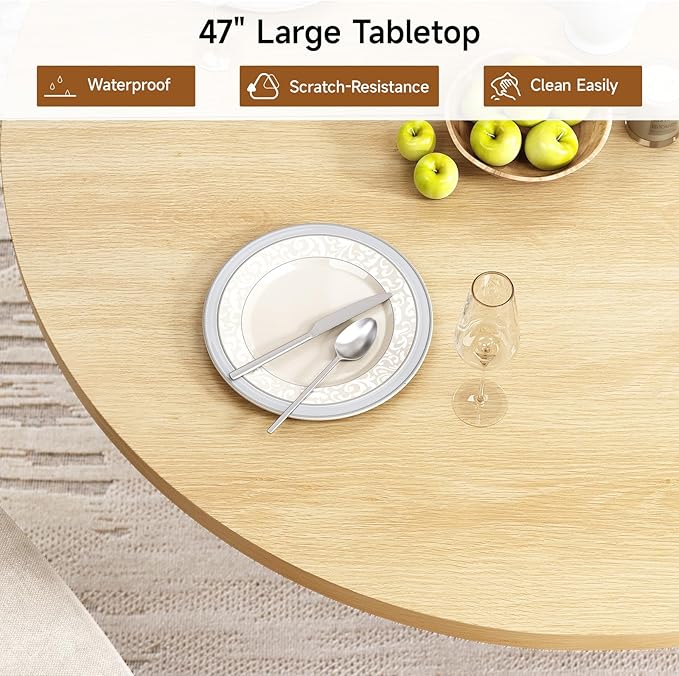 47 inch Round Dining Table for 4, Circle Kitchen Table with 2-Layer Storage Shelf and a Drawer, Modern Farmhouse Dinner Tables with Sliding Door and Wood Strip Base for Kitchen, Living Room (Oak)