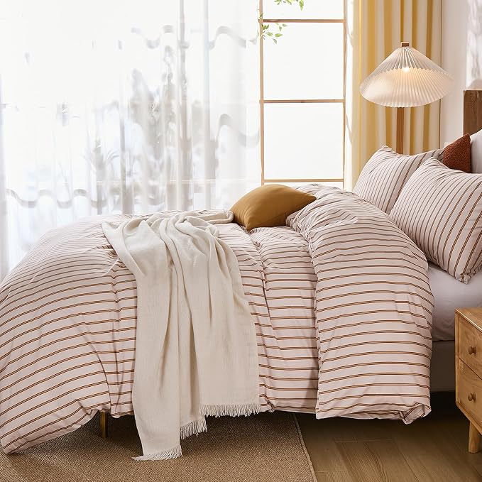 Merryword Striped Duvet Cover Set King Size 3 Pieces 100% Cotton Duvet Cover Set with Beige and Terracotta Vertical Stripe Design,Soft Lightweight Reversible Bedding Set for All Seasons