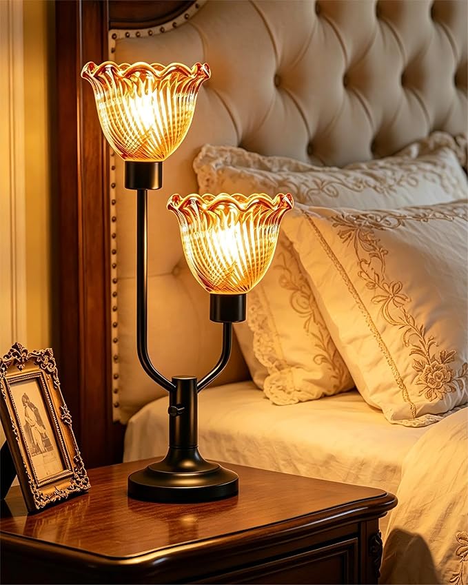 Lightdot Vintage Table Lamp for Living Room Dimmable Mid Century Modern Desk Lamp Flower Amber Glass Black Nightstand Lamp 2 Bulbs Included Warmwhite Ambient Bedside Lamp for Bedroom Home Office Decor