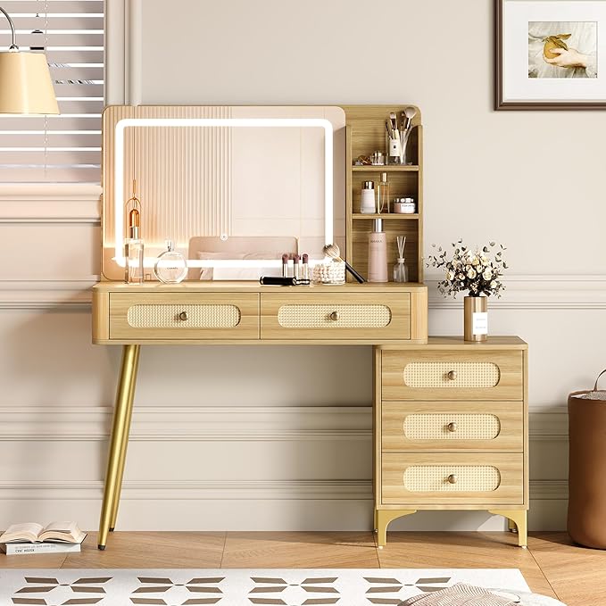 47" Mid-Century Modern Makeup Vanity Table with Mirror & Lights Vintage Vanity Desk with 3-Color Dimming Light 5 Drawers 3 Open Shelves Natural Wood Vanity with Rattan Decor & Metal Legs