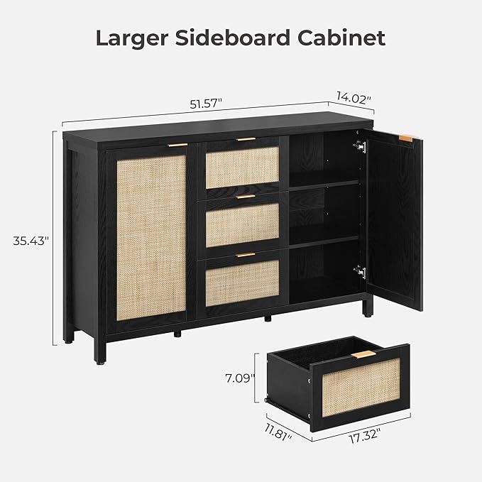 SICOTAS Rattan Large Sideboard Buffet Cabinet with Storage - Farmhouse Boho Coffee Bar Storage Cabinet with 3 Drawers and 2 Doors, Tall Credenza for Living Room, Kitchen, Hallway, Black Oak (2 Pieces)
