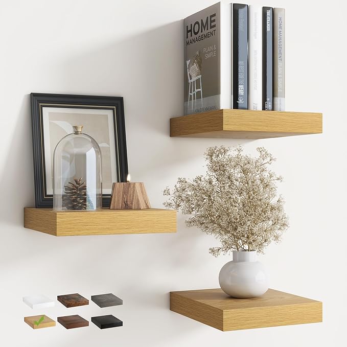 Floating Shelves for Wall with Invisible Brackets, Wall Mounted Engineered Wood Shelves with Wood Grain for Living Room, Bedroom, Bathroom, Kitchen Decor and Storage, Oak, 8"L Set of 3, Oak