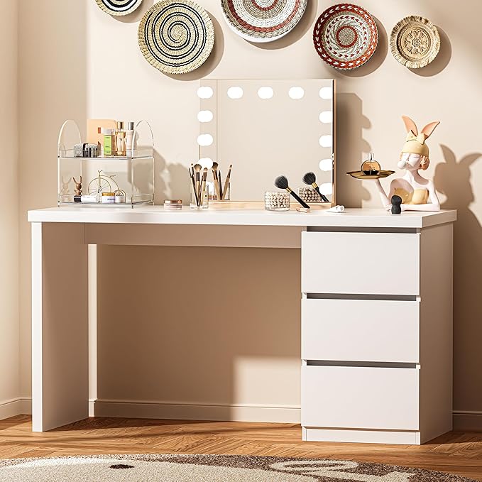 furtble White Desk with Drawers, 47'' W Home Office Desk Gaming Table, Modern Vanity Desk with Storage, Wood Computer Desk Writing Workstation for Bedroom, Living Room