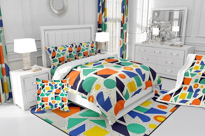 Memphis Geometric Pattern Comforter Cover Set King Size,Retro Style Round Half Moon Triangle Shapes Artwork Duvet Cover Colorful Graphic 80s 90S Style Bedding Set Abstract 1990S Memphis Home Decor