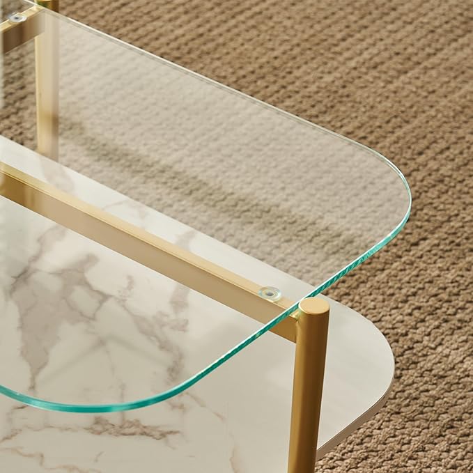 Saint Mossi Oval Glass Coffee Table for Living Room, Mid Century Center Table, Clear Glass & White MDF Bottom Shelf with Rounded Corners, L41xW21xH17, Gold Table Legs