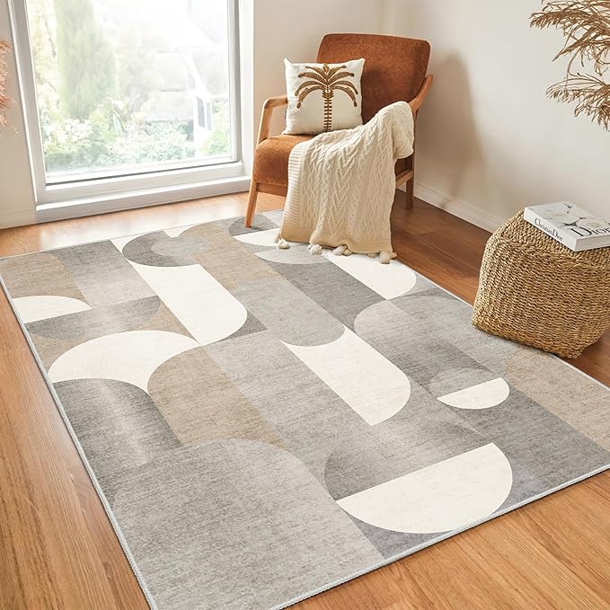 Beige Rug 4x6.5 Washable Area Rugs for Bedroom Living Room Kitchen Entryway Bedside,Small Modern Geometric Non Slip Carpet