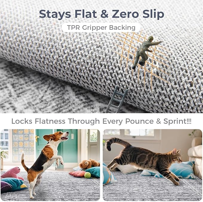 OPPODREAM Vintage Grey Round Rug 4ft, 4 ft Retro Washable Circle Rug Non Slip, Low-Pile Faux Wool Circular Carpet, Distressed Gray Floor Mat for Living Room, Bedroom, Office, Dorm, Dinning Room