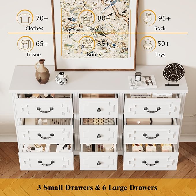 9 Drawer Dresser for Bedroom, 35.7" Tall Dresser & Chest of Drawers wtih Vintage Surface, Closet Storage Cabinet for Living Room, Hallway, White