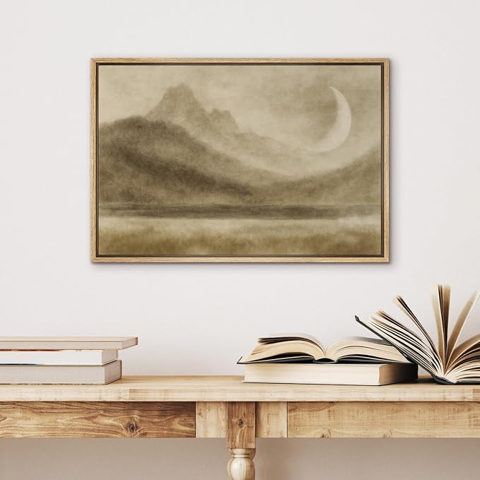 SIGNWIN Framed Canvas Print Wall Art Moon Over Mountain Landscape Dreamy Sepia Toned Wall Decor Illustrations Minimalism Decorative Boho Retro for Living Room, Bedroom, Office - 24"x36" Natural