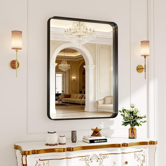 Matte Black Metal Framed Vanity Rounded Rectangle Bathroom 24X32 Inch Mirrors for Over Sink Wall,Modern Decorative for Restroom, Anti-Rust Aluminum Alloy Mirror, Horizontally or Vertically Hanging