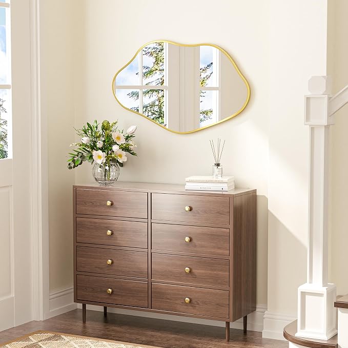 Keonjinn Gold 40" x 24" Inch Irregular Mirrors for Wall, Asymmetrical Wave Metal Frame, Tempered Glass, Decorative Mirror for Bathroom, Bedroom, Living Room, Entryway(Horizontal/Vertical)