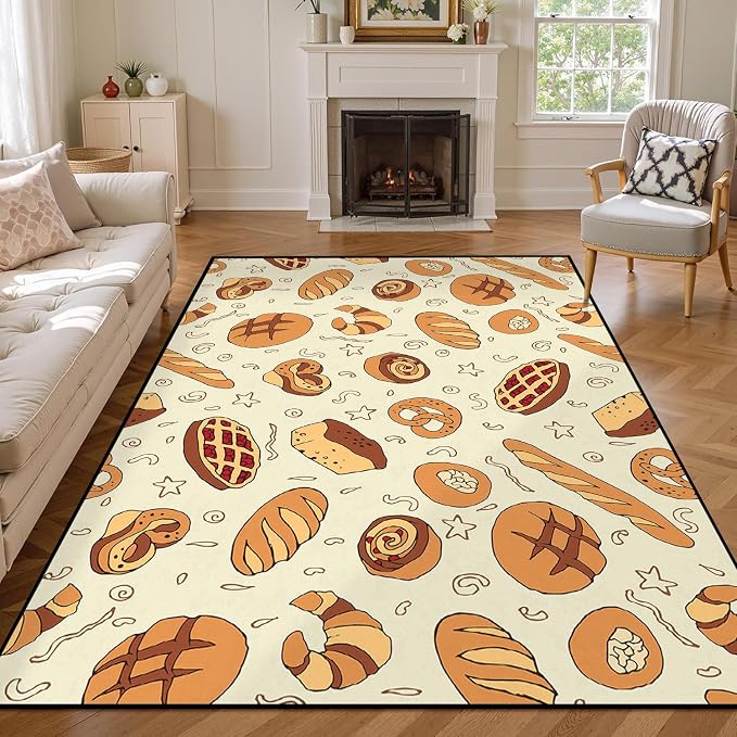 Cute Bread Area Rug 3D Cattoon Carpt Waffle Croissant and Muffin Rugs for Bedroom Living Room Kitchen Nursery Playroom Home Decor Washable Non Slip Floor Mat,6'x9'