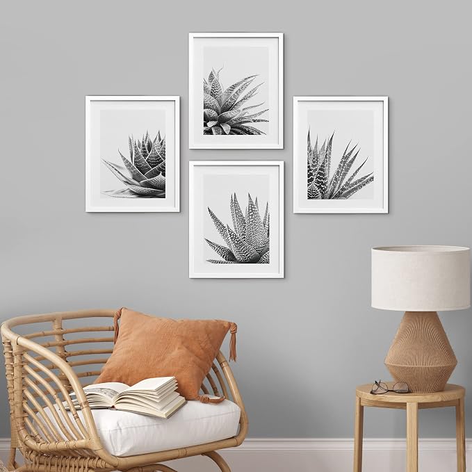 SIGNWIN Framed Black White Snake Plant Agave Cactus Succulent Wall Art, Set of 4 Floral Botanical Wall Decor Prints, Nature Wilderness Wall Décor for Living Room, Bedroom - 11"x14" White