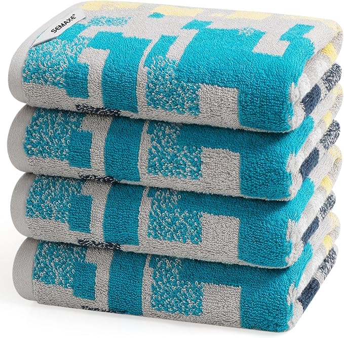 SEMAXE Hand Towels for Bathroom, 100% Cotton Towels with Hanging Loops, Soft and Absorbent, 4 Pack Hand Towel Set for Gym, Shower, Hotel and Spa, Decorative Checkered Towel
