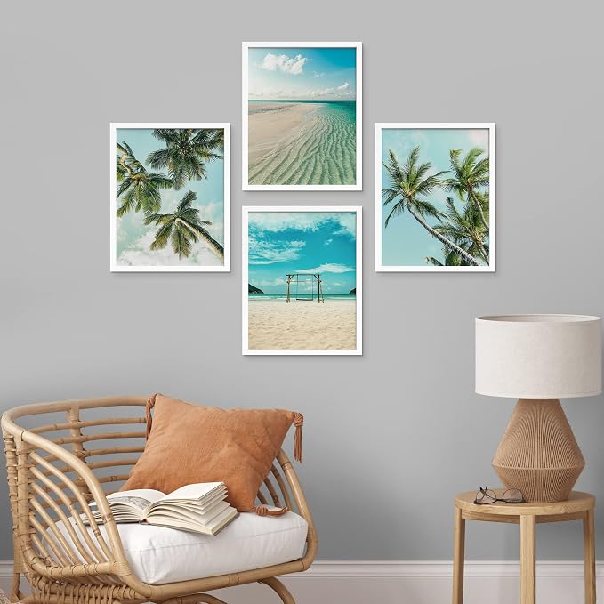SIGNWIN Framed White Topical Teal Sky Palm Tree Beach Ocean Seaside Wall Art, Set of 4 Landscape Colorful Wall Decor Prints, Nature Wilderness Wall Décor for Living Room, Bedroom - 8"x10" White