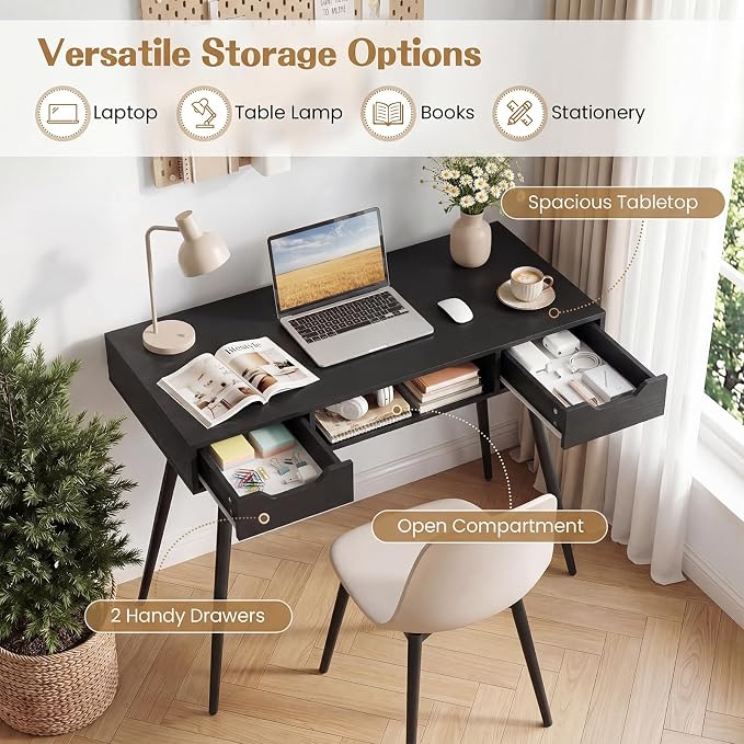 Giantex Mid Century Modern Computer Desk with Drawers, 42.5" Writing Desk with Open Storage Cubby, Vanity Table with Metal Leg, Compact Wooden Study Table for Small Spaces Home Office (Black)