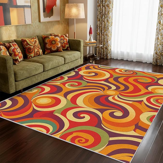 70s Retro Rug 6x8 Swirl Psychedelic Groovy Hippie Pop Pattern Area Rugs for Living Room, Bedroom, 70s Retro Home Decor Accessories Indoor Carpet, Non Slip & Machine Washable, GD0318