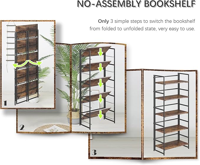 4NM No Assembly 5 Tiers Collapsible Book Shelves, 51.2" H Folding Bookshelf Bookcase Open Industrial Foldable Shelves for Bedroom, Living Room, Home Office - Rustic Brown Black