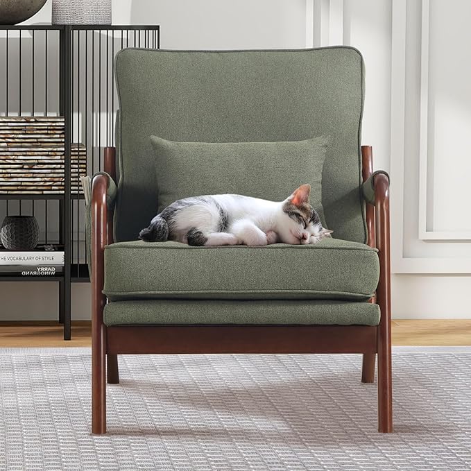 ANJ Mid Century Modern Accent Chair, Lounge Reading Armchair with Extra Side Pocket & Detachable Cushion, Comfy Fabric Accent Chairs for Living Room, Bedroom,Green