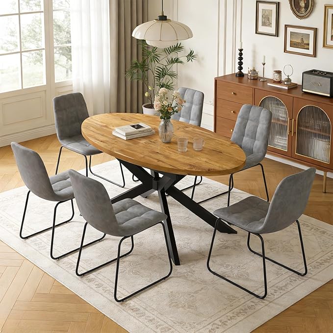 63"-78.7" Extendable Round Dining Table Set for 6, 7 Piece Mid Century Modern Oval Kitchen Table Set, Large Dining Table with 6 Dining Chairs for Living Room Space Saving（Walnut Table+6 Grey Chairs)