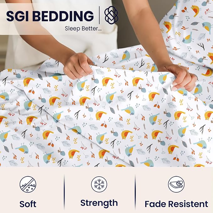 SGI Split King Sheet Set for Adjustable Bed Egyptian Premium Cotton 600 Thread Count Sheets for Sleep Number Bed 15" Deep Pocket 5 Pc Set with 2 Twin XL Fitted Sheets Soft Breathable - Spring Bird