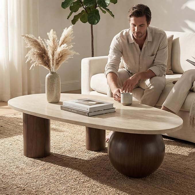 55" Modern Cloud Coffee Table for Living Room, Travertine-Pattern Top Irregular Coffee Table with Walnut Wood Finished Legs, Modern Indoor Accent Center Table for Living Room Bedroom