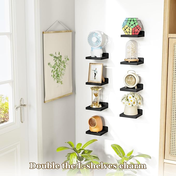 SRIWATANA Small Floating Shelves Wall Mounted, Wood Shelf for Decoration and Storage Set of 4, Mini Display Shelf for Bedroom, Bathroom, Kitchen, Office (Black, 5 inch) (Pack of 2)