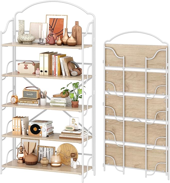 4NM No Assembly Extra Wide Folding Bookshelf for Living Room, 5 Tiers Collapsible Book Shelves Open Industrial Foldable Bookcase Storage Shelf for Home Office - Cloud Oak