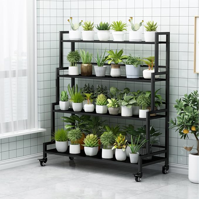 YIZAJIA Plant Stand Indoor 4 Tier Metal Outdoor Tiered Stands Shelf With wheel for Multiple Plants Potted Ladder Plant Holder Table Plant Pot Stand for Window Garden Balcony Living Room