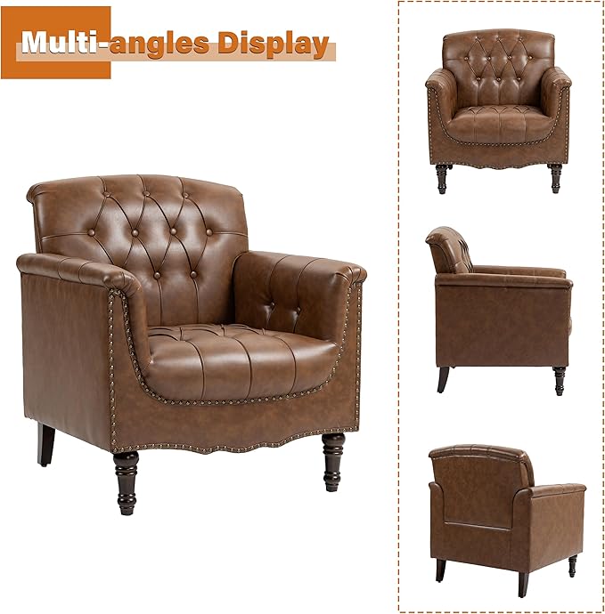 Faux Leather Club Chairs Set of 2, Retro Upholstered Armchair Accent Chair with Solid Wood Legs & Nailhead Trim for Living Room/Reading Room, Brown