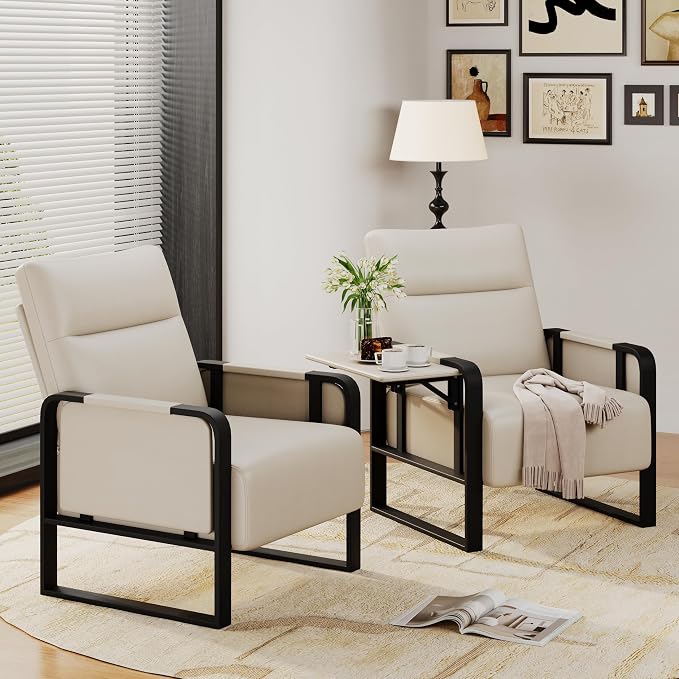 Upholstered Living Room Chair Armchair Set of 2, Mid Century Faux Leather Metal Accent Chair, Reception Couch Office Guest Chair Slipper Club Lounge Single Sofa with Sidetable for Bedroom-Beige