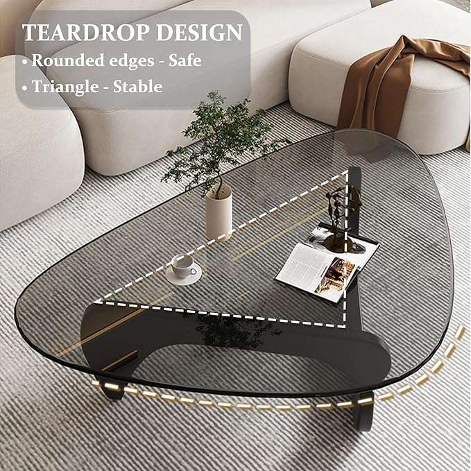 35.8" Modern Coffee Table, Triangle Tempered Glass & Sturdy Solid Legs, Mesa de Centro para Sala for Living Room Home Office