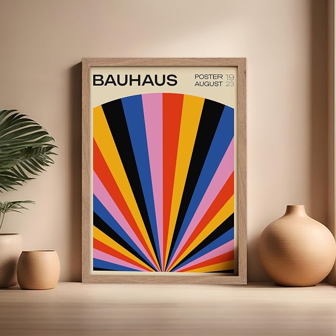 Poster Master Bauhaus Poster - Rainbow Sun Rays Print - Geometric - Abstract Art- Graphic Design - Chic Boho - Mid Century Modern Art - 16x20 Beige Framed