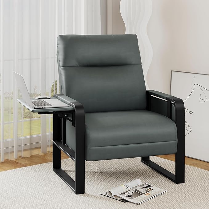 Upholstered Living Room Chair Armchair Set of 2, Mid Century Faux Leather Metal Accent Chair, Reception Couch Slipper Club Lounge Chair Guest Comfy Single Sofa with Sidetable-Dark Grey