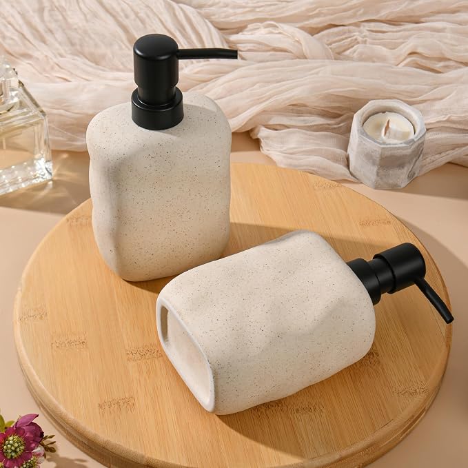 Modern Ceramic Soap Dispenser, Beige Speckled Finish, Black Pump Top, Refillable Liquid Container for Bathroom Kitchen (Beige, 1 Pack)