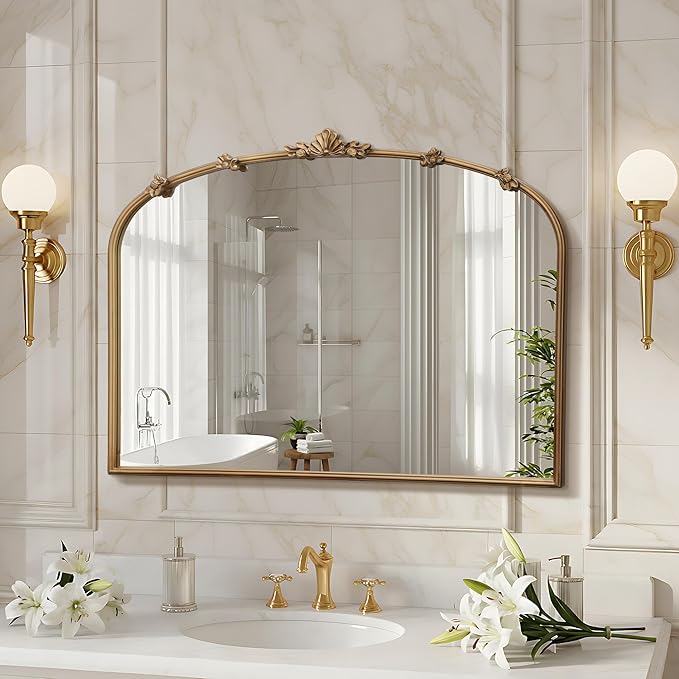 Besdomus Large Vintage Gold Mirror: 40"x30" Traditional Ornate Arched Mirror - French Baroque Antique Mirrors for Wall/Mantel/Bedroom/Entryway/Bathroom/Hallway - Home Decor for Fashion-Conscious