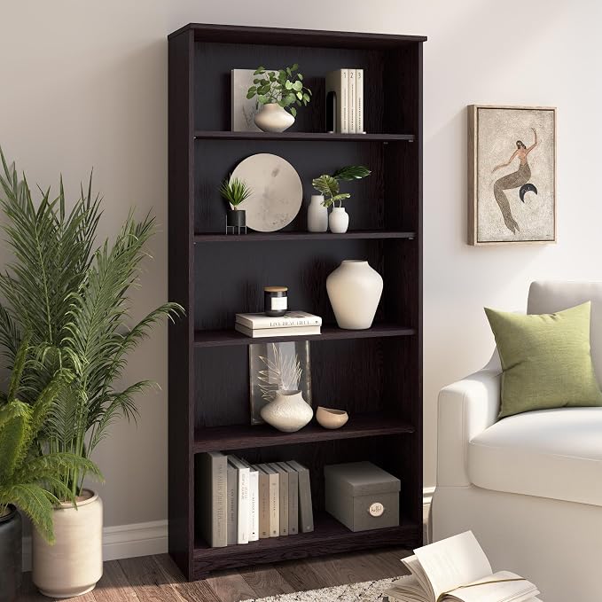 Bush Home Tall 5 Shelf Bookcase, Large Open Bookshelf, Sturdy Display Cabinet for Living Room or Home Office, Cabot Collection, Espresso Oak