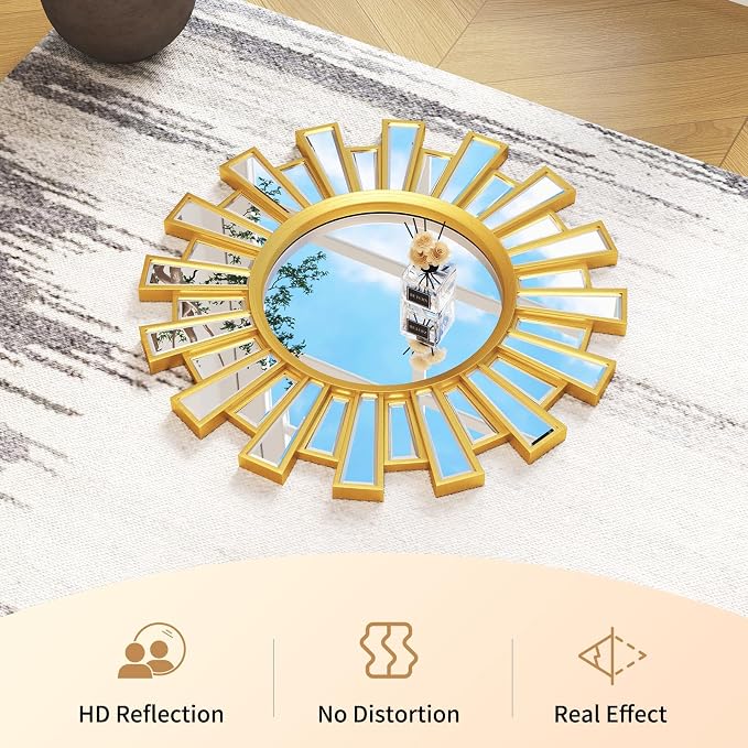 Gold Sunburst Mirror, 24" Large Starburst Mirror,Wall Mirrors Decor for Living Room, Bedroom, Fireplace,Hallway,Entryway