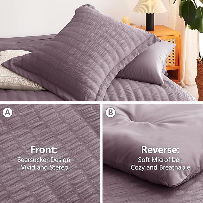 CozyLux Queen Comforter Set Dusty Purple, 7 Pieces Seersucker Textured Luxury Bed in a Bag, Grayish Purple All Season Bedding Set with Down Alternative Comforter, Sheets, Pillowcases & Shams Home Gift