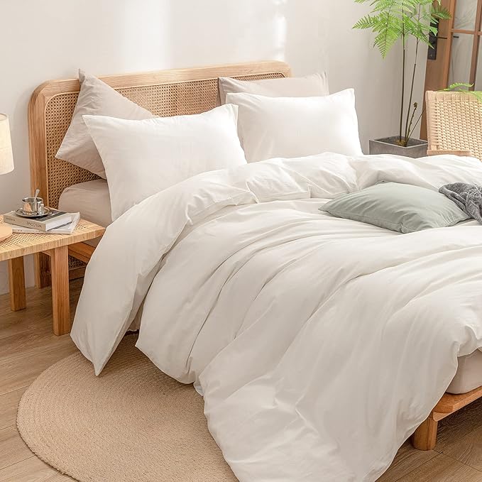 BESTOUCH Duvet Cover Set 100% Washed Cotton Linen Feel Super Soft Comfortable Chic Lightweight 3 PCs Home Bedding Set Solid Off White Super Queen