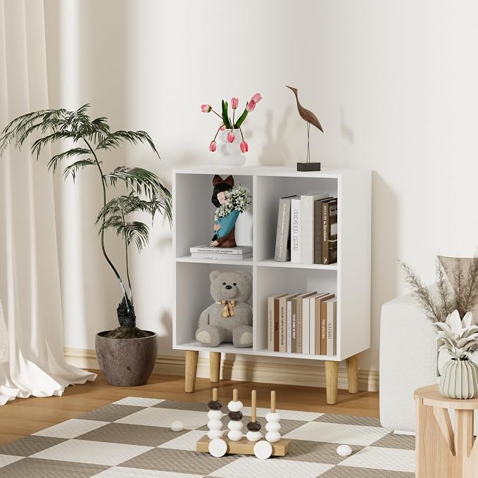 4 Cube Bookcase, Wooden Book Shelf Cube Storage Organizer with Legs, 2 Tier Bookshelf Freestanding Open Shelves for Living Room, Bedroom, Home Office (White, 4 Cube)