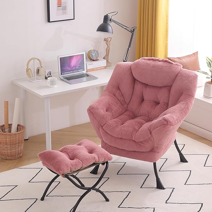 Tiita Lazy Chair with Ottoman, Pink Modern Large Accent Armchair, Comfy Leisure Sofa Reading Chair with Footrest for Bedroom, Living Room, Dorm Rooms, Garden, Plush Dark Pink