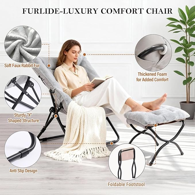 Furlide Saucer Chair with Ottoman, Oversized Foldable Faux Fur Chair, X-Large Soft Dorm Chair, Patio, Study, Playroom (Grey)