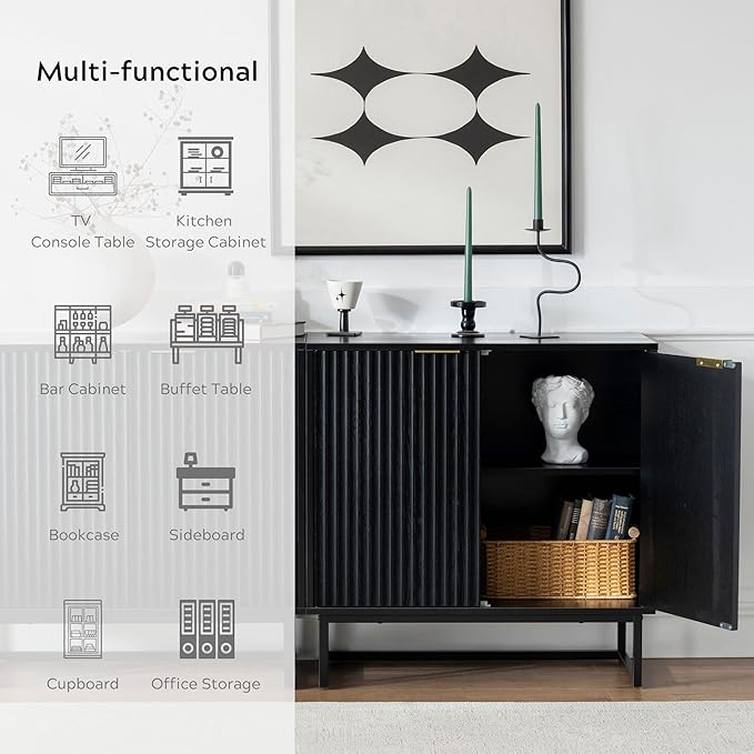 Fluted Cabinets with Storage Set of 2, Sideboard Buffet Cabinet with Adjustable Shelves, Modern Accent Console Table for Living Room Entryway, Black