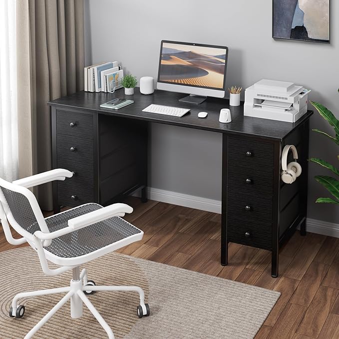 DLisiting Black Gaming Desk with Fabric Drawers on Both Sides, 55 Inch Home Office Computer Study Writing Work PC Desk with 8 Storage Drawers Storage for Bedroom