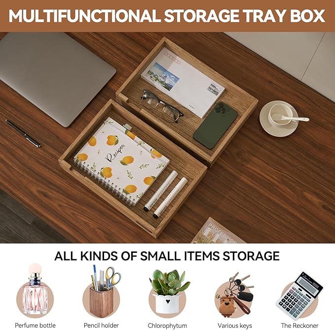 KIRIGEN Wood Desk Organizer Set of 2, Stackable Paper Tray with Metal Label Holders, Natural Wooden Letter Trays for Office Desktop, Mail, Files, Folders and Classroom Papers, Brown 2TTP-DBR